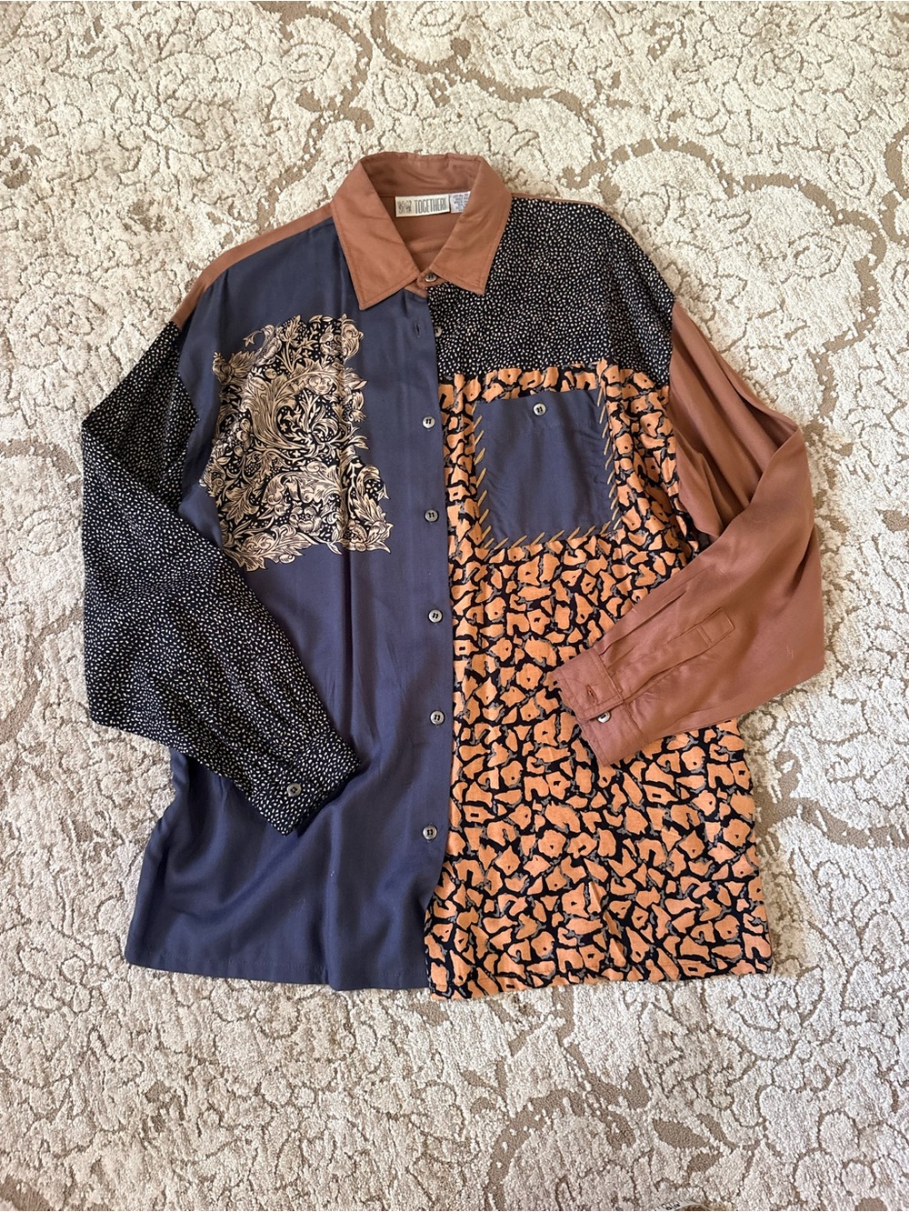 Vintage Contrast 90s Mixed-Print Button-Up Shirt in Navy, Rust & Black